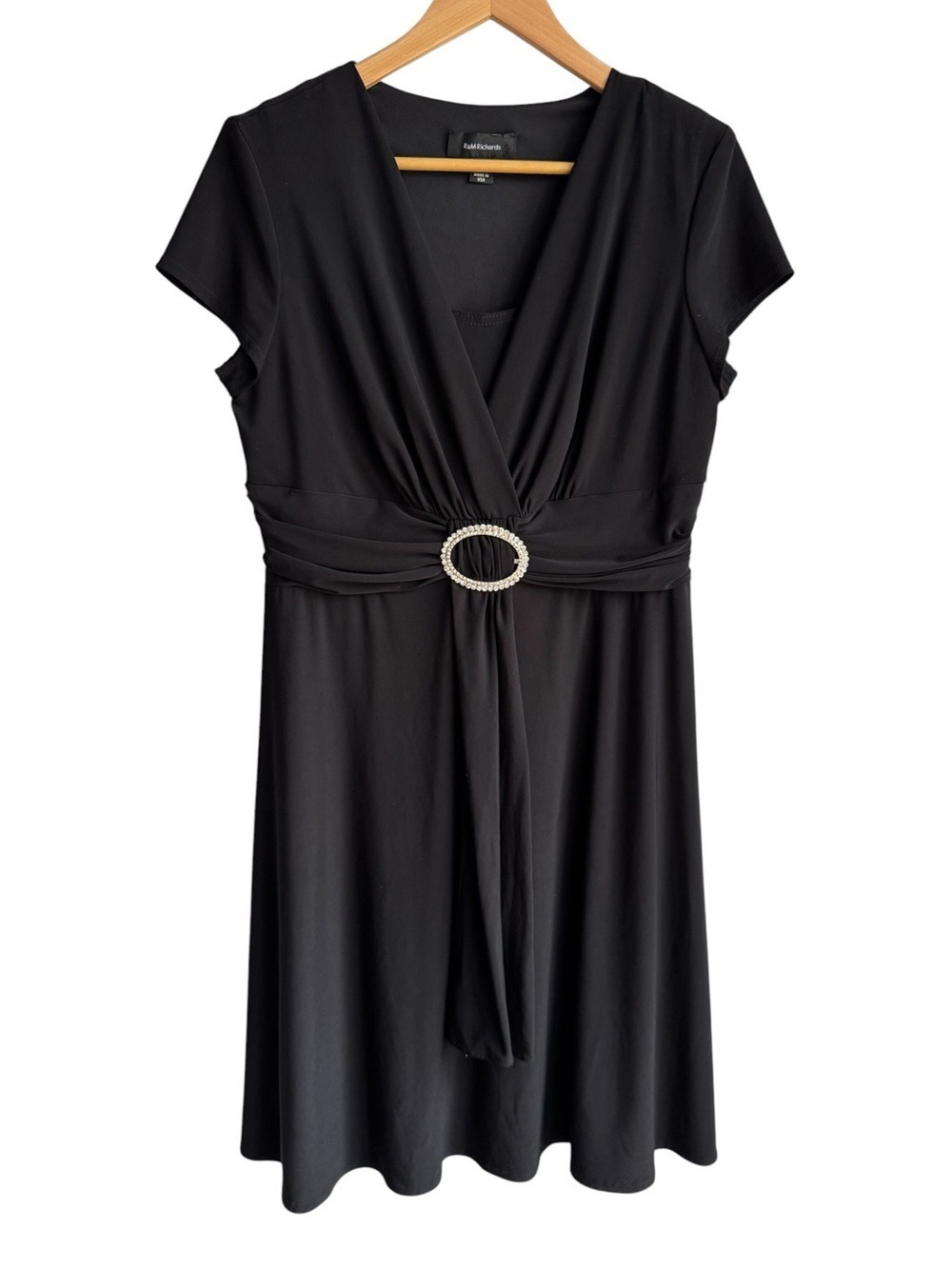 Vtg R&M Richards Black Stretch Party Dress Sz 14 Black Wrap Top Knee Length LBD